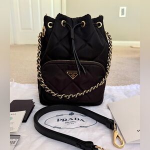 Prada Re Nylon Black Quilted Bucket Bag with Strap